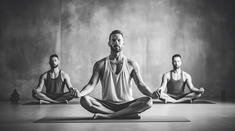 tre menn med yoga terapi
